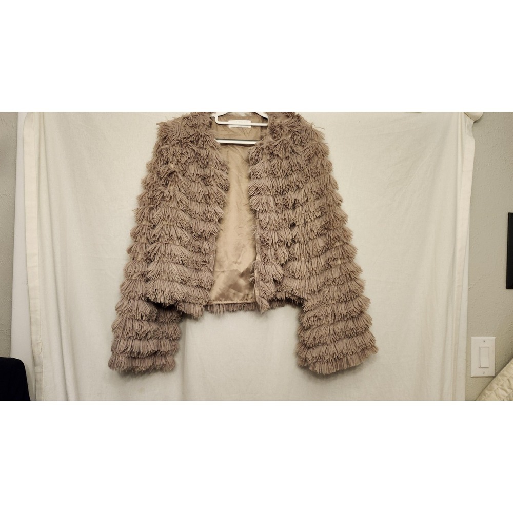 American Threads Jacket Womens Medium Taupe Shaggy Fringe Open‎ Front Lined Boho